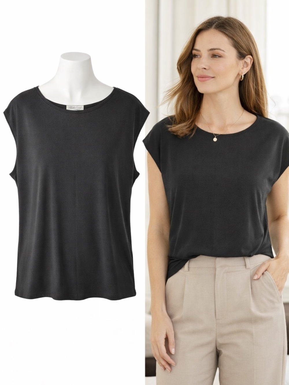 Coldwater Creek | Black Knit Crepe Blouse | Cap Sleeve Minimalist Top | XL